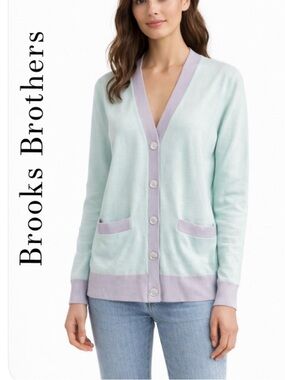 Brooks Brothers Supima Cotton Mint Green and Lavender Cardigan Size Medium